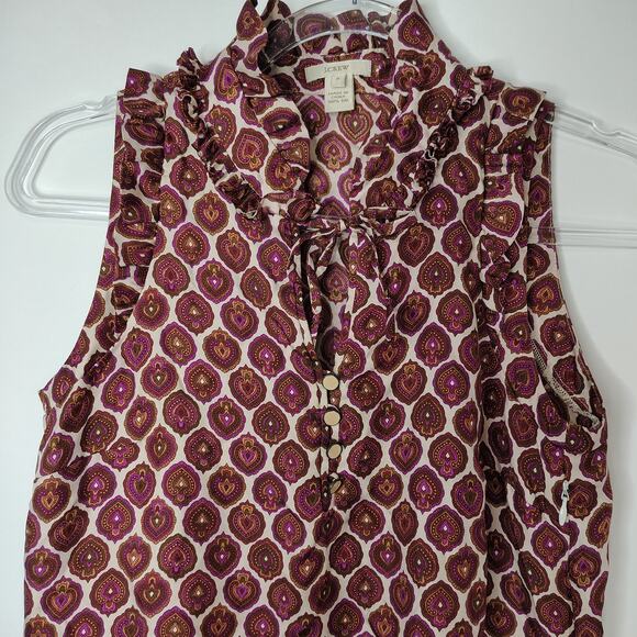 J.Crew‎ 100% Silk Sleeveless Ruffle Blouse Size 0 Geometric Paisley Print - Picture 2 of 11